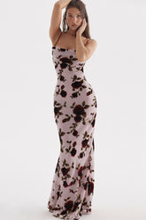 Robe longue vintage à col bénitier et imprimé en maille dos nu, style queue de poisson - Motif floral